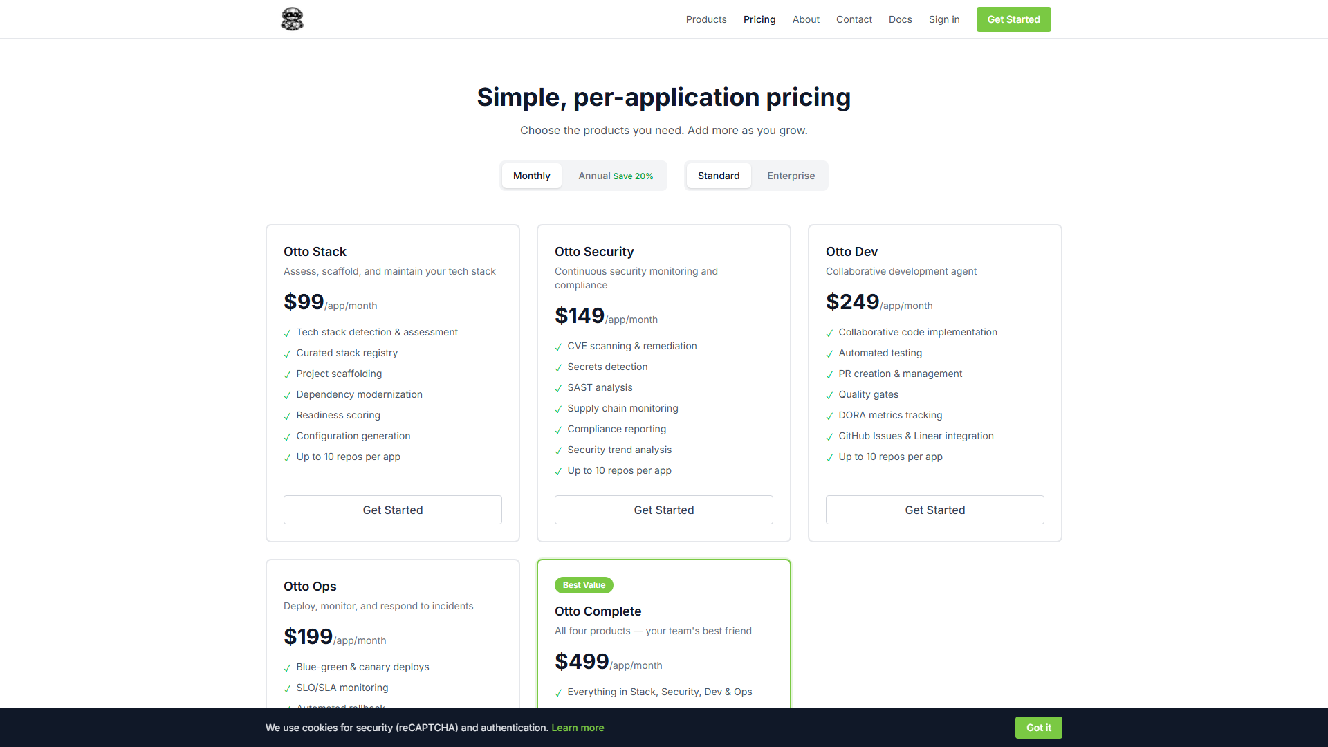 Otto pricing page showing per-application plans for each product