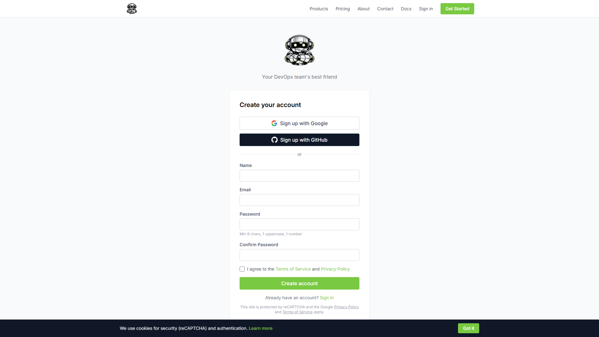 Otto signup form with name, email, and password fields