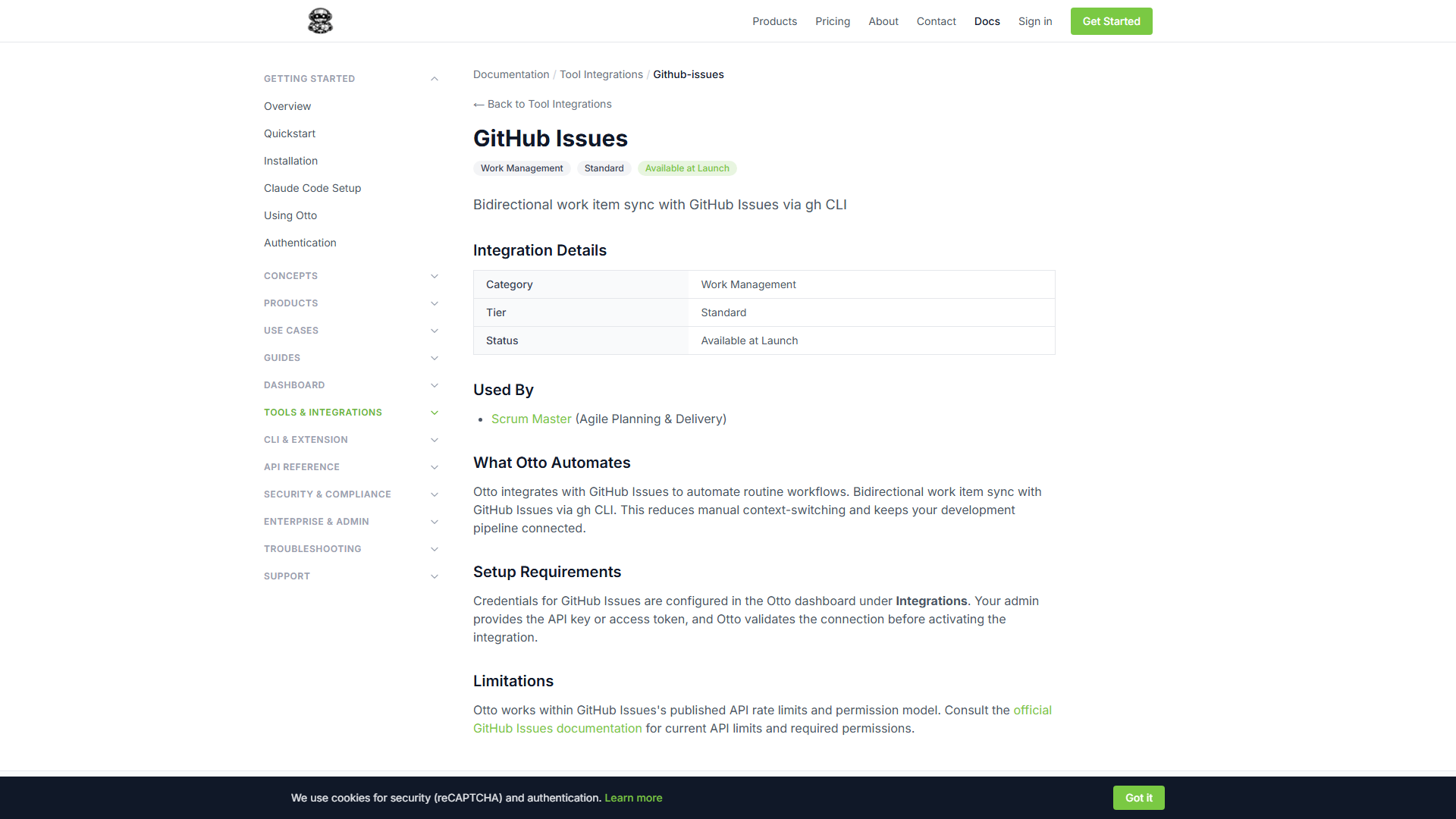 GitHub Issues integration documentation page in Otto