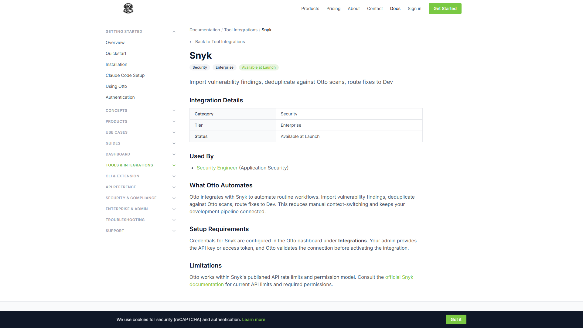 Snyk integration documentation page in Otto